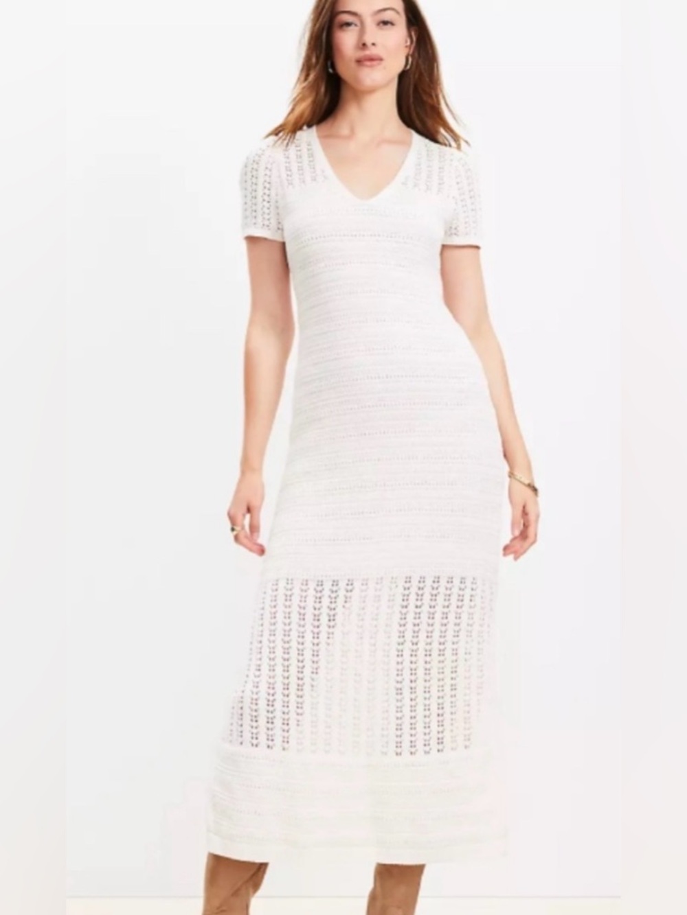 LOFT White Crochet V-Neck Maxi Dress